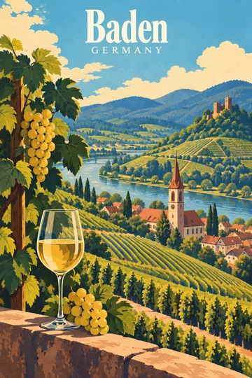 Plakat z winnicami, wzgórzami i zabudową wsi, z napisem Baden i Germany