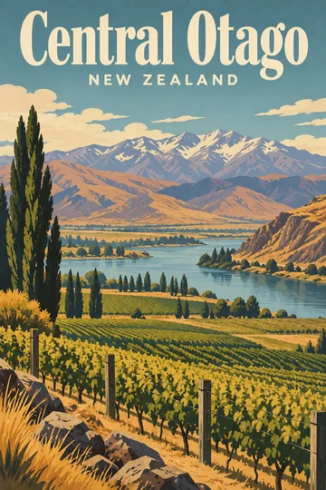Plakat z górami, doliną i winoroślą, z napisem Central Otago i New Zealand