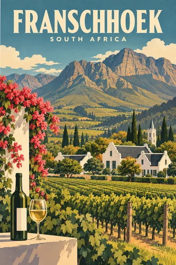 Ilustracyjny plakat Franschhoek z górami, rzędami winorośli, białymi budynkami i kieliszkiem wina na pierwszym planie