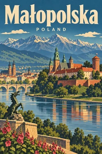 Vintage'owy plakat z napisem Małopolska, Wawelem, smokiem wawelskim oraz sylwetką Tatr.