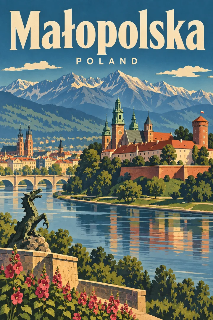 Vintage'owy plakat z napisem Małopolska, Wawelem, smokiem wawelskim oraz sylwetką Tatr.