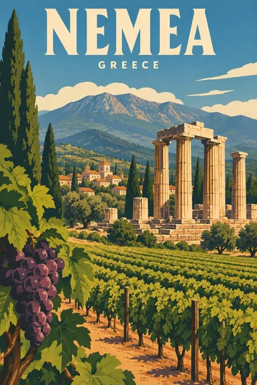 Winorośl z gronami na tle górskiego krajobrazu i antycznych kolumn; plakat z napisem Nemea Greece