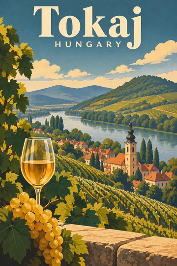 Vintage plakat przedstawiający winnice, rzekę i wzgórza regionu Tokaj-Hegyalja