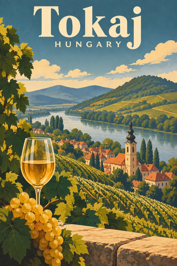Vintage plakat przedstawiający winnice, rzekę i wzgórza regionu Tokaj-Hegyalja