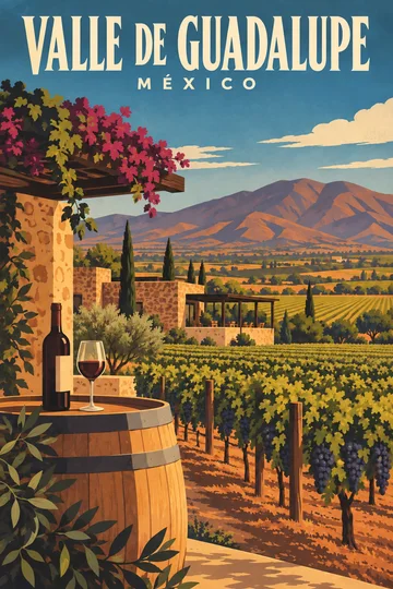 Plakat z napisem Valle de Guadalupe i México nad doliną, winnicami, kamiennym budynkiem i beczką
