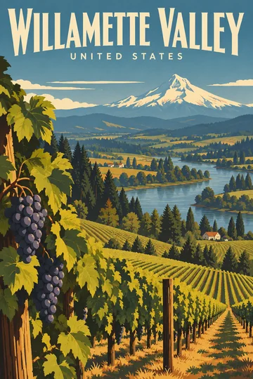 Pionowy plakat z nazwą Willamette Valley, winnicą, doliną, rzeką i górami w tle